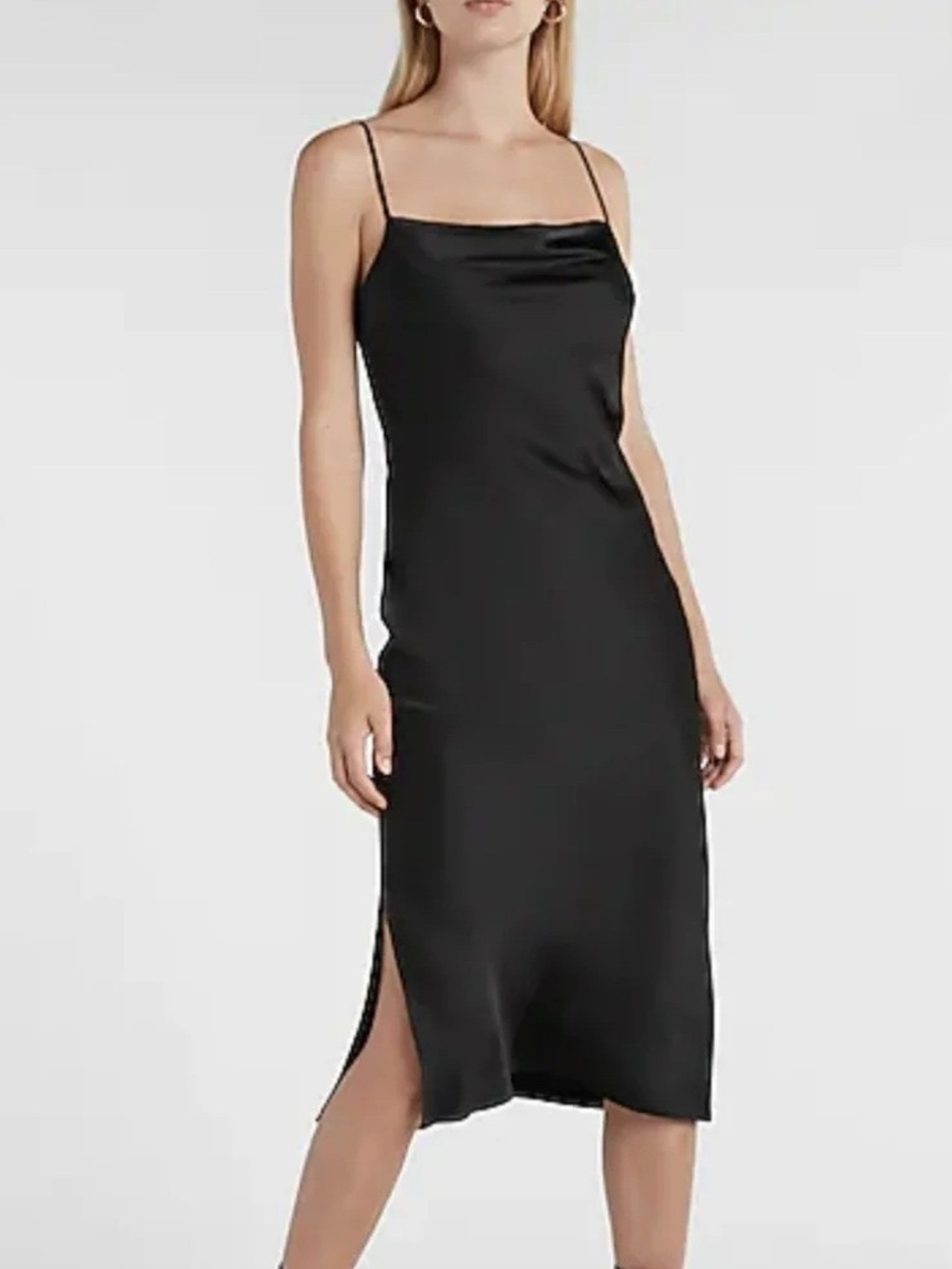 Express Black Satin Cowl Neck Slip Midi Dress with Spaghetti Straps